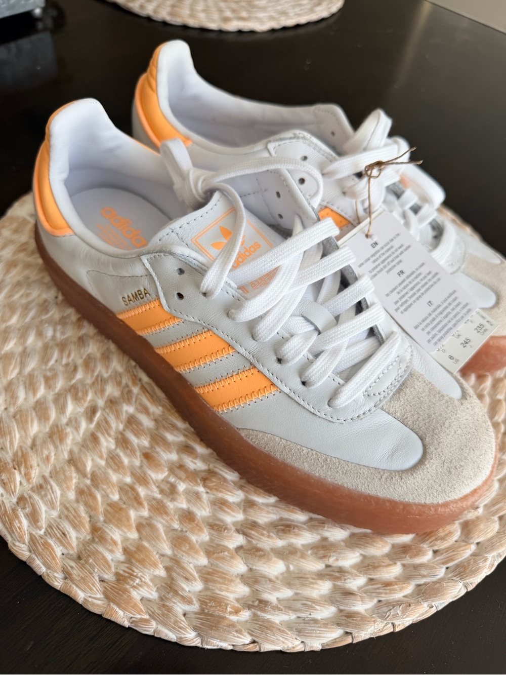 adidas Samba Women's Sneakers in White & Orange with Gum Sole 6 y